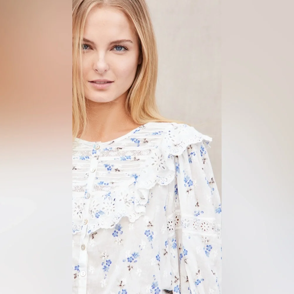 NWT LoveShackFancy Canna Lace Top Blouse- Brilliant Blue